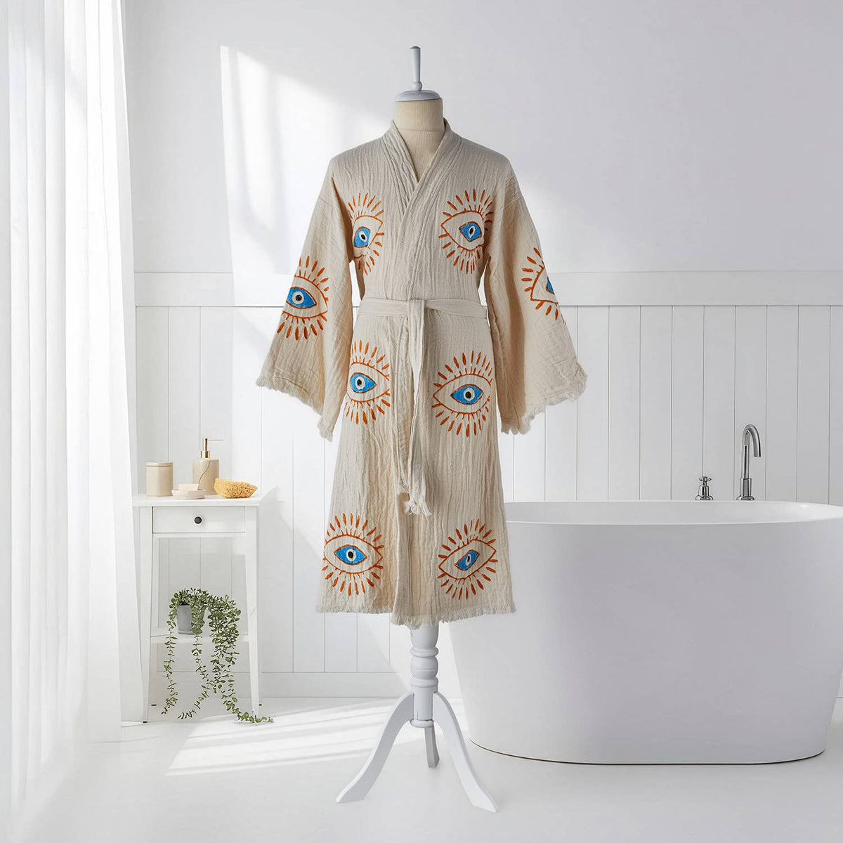 Block-print Turkish cotton kimono robe – Evil Eye Blue & Orange | Kikoya