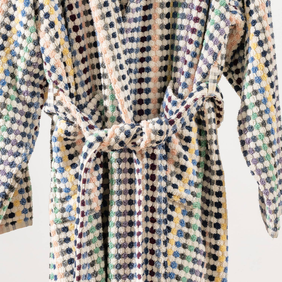Pompom Turkish bathrobe – Multicolor Melange, Hooded, full-length view | Kikoya
