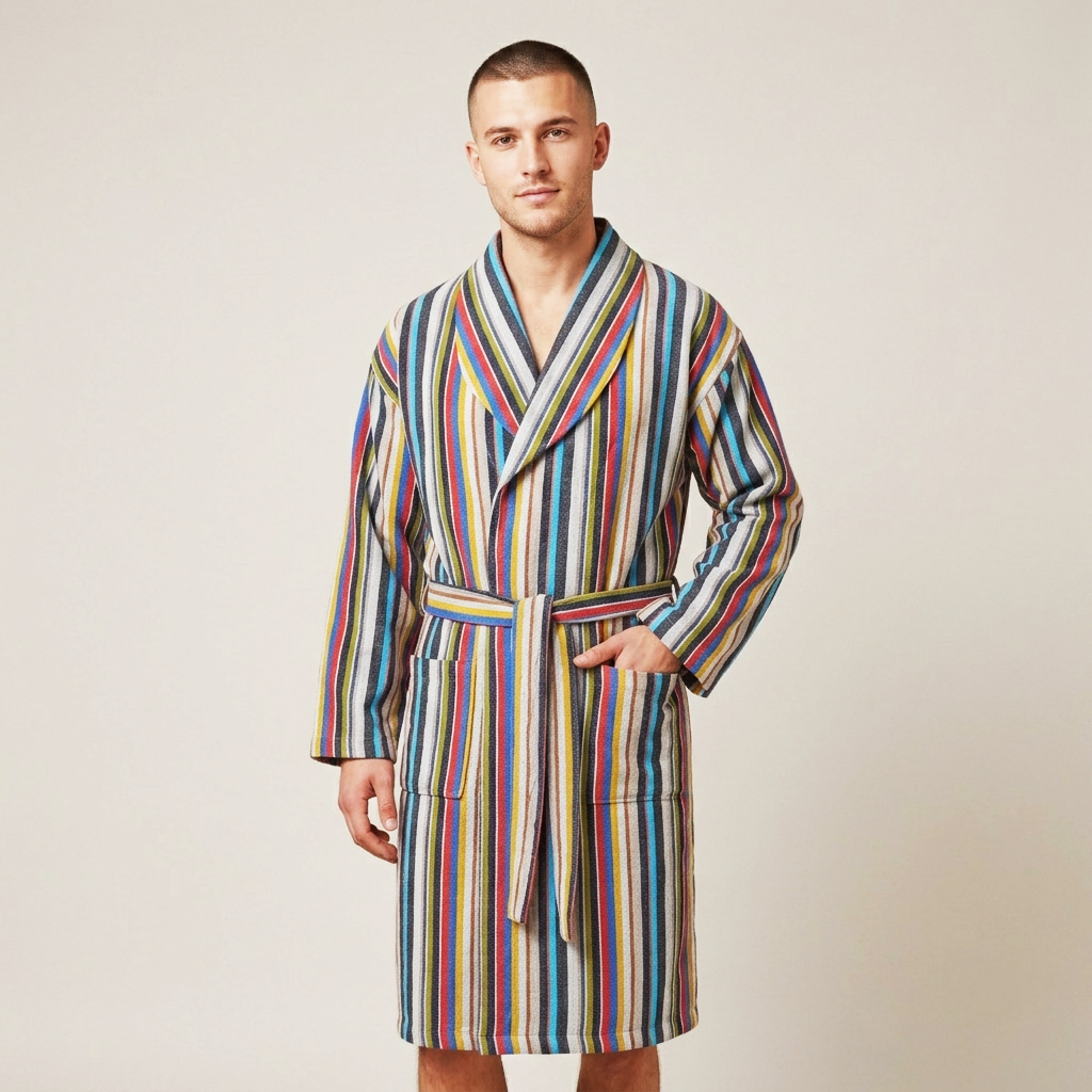 Multi stripe Turkish cotton bathrobe – shawl collar, belted | Kikoya
