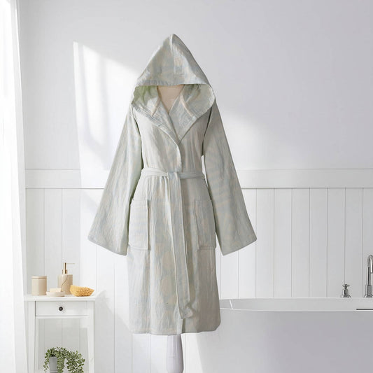 Jacquard Turkish cotton bathrobe in mint – hooded, belted | Kikoya