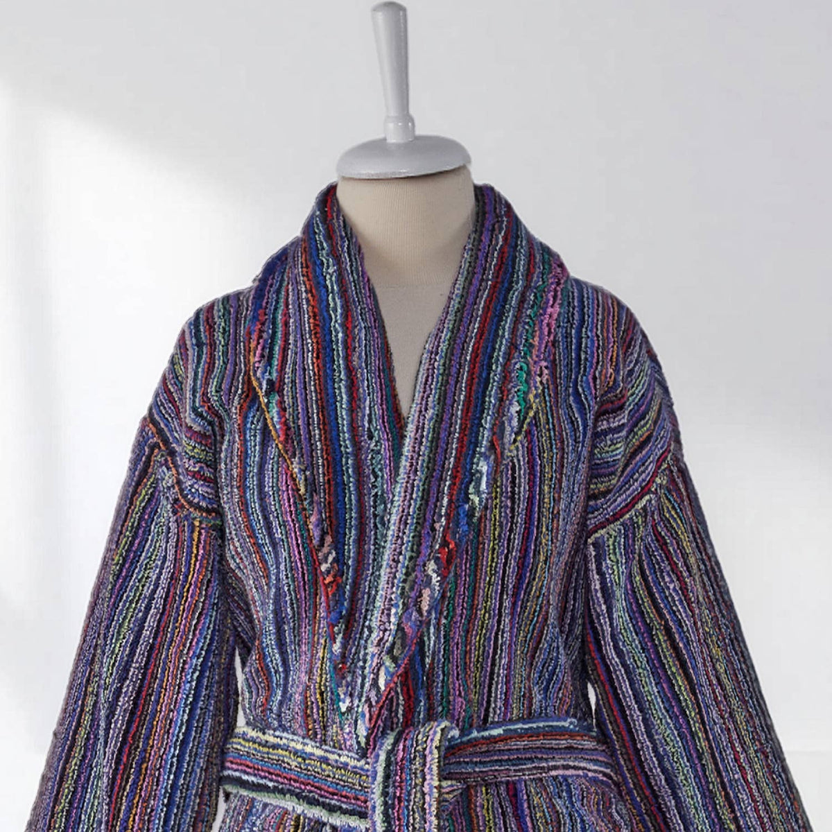 Pompom Turkish bathrobe – Purple Multi Stripe, Shawl Collar, styled view | Kikoya