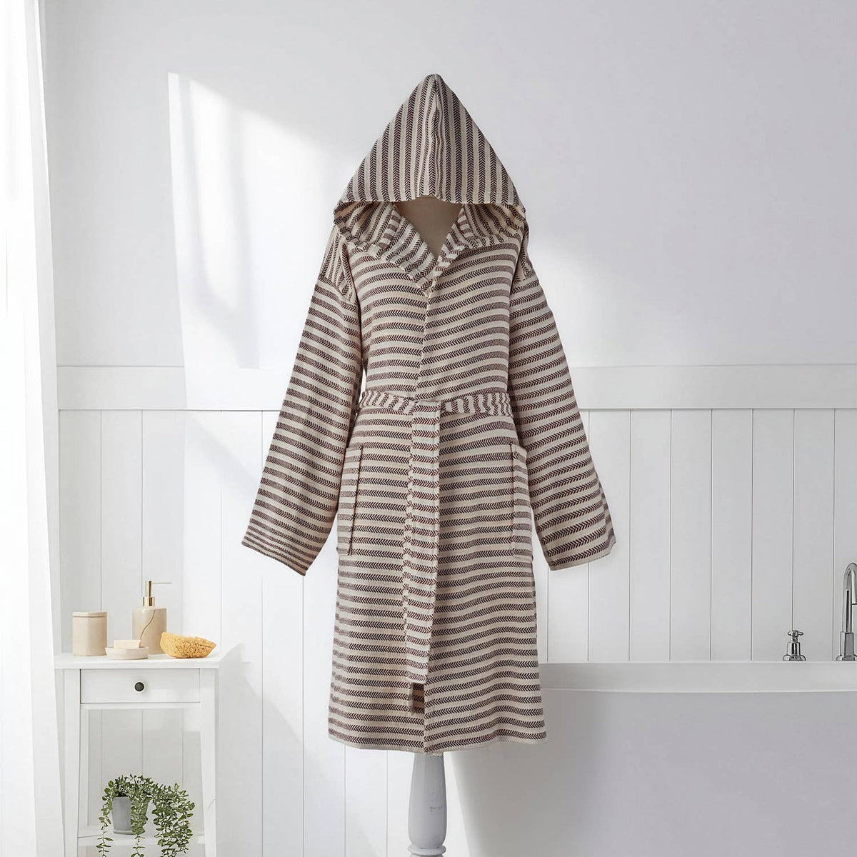 Fine stripe Turkish cotton bathrobe – hooded, belted | Kikoya
