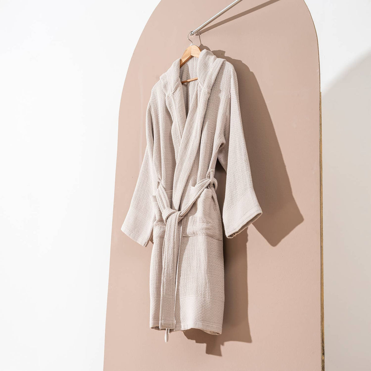 Salda waffle stonewash Turkish bathrobe, hooded, beige | Kikoya