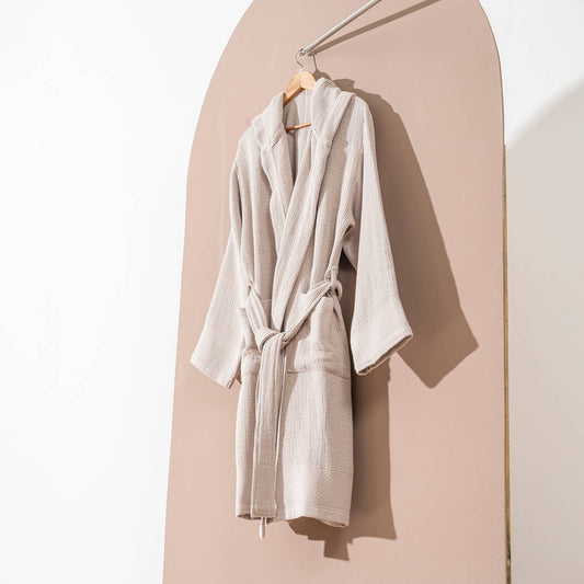 Salda waffle stonewash Turkish bathrobe, hooded, beige | Kikoya