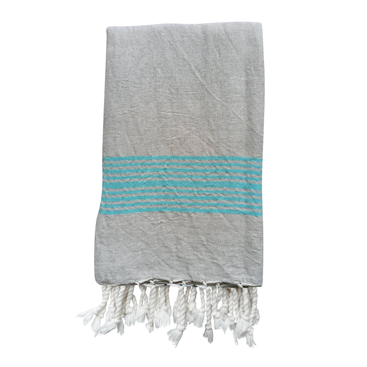 Linen-cotton Turkish towel with tonal stripe band and tassels, 33x67 in | Kikoya