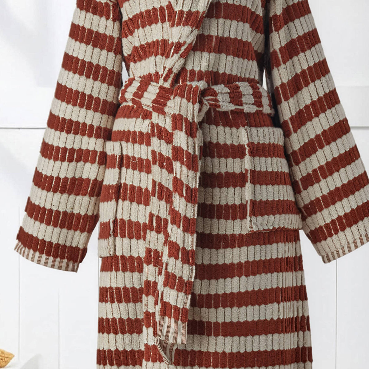 Pompom Turkish bathrobe – Lokum Clay, Shawl Collar, belt and pocket detail | Kikoya