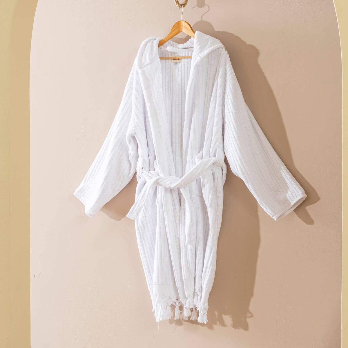 Pompom Turkish bathrobe – White, Hooded, front view | Kikoya