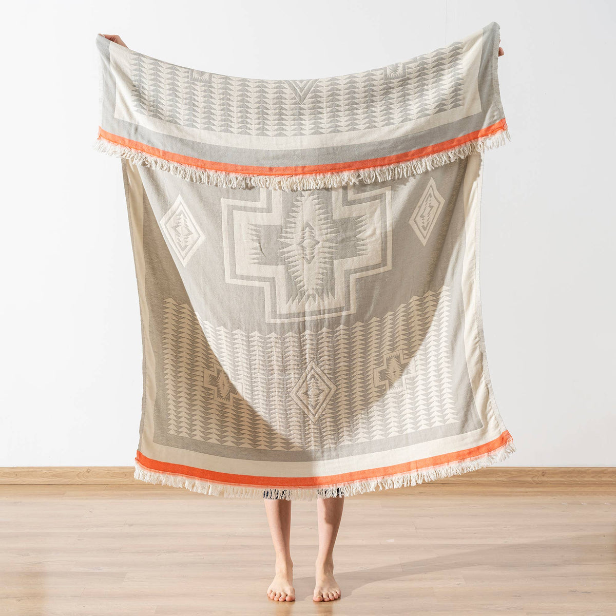 Giha Turkish cotton throw blanket – Southwestern Cross, Light Grey, full length view | Kikoya