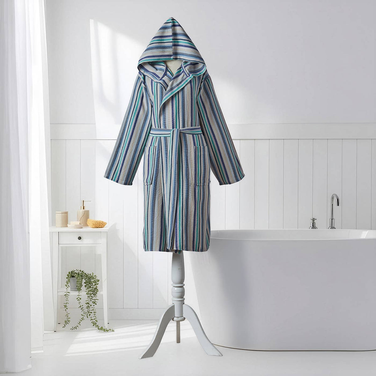 Antique Turkish hooded bathrobe – Teal & Blue Stripe | Kikoya