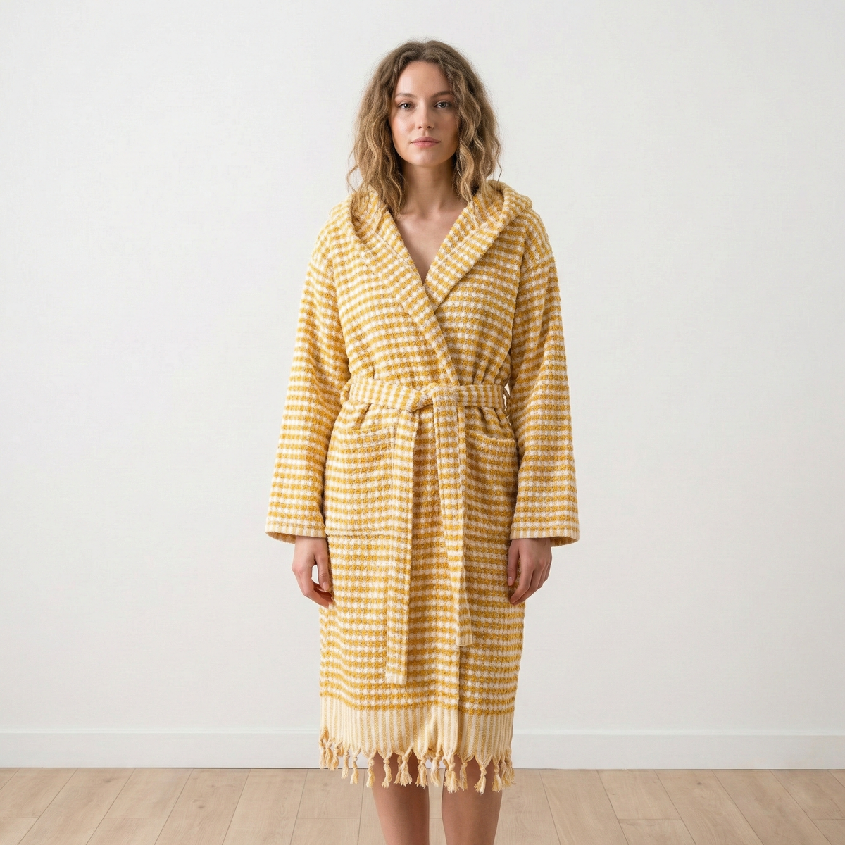 Pompom Turkish bathrobe – Mustard, Hooded, styled view | Kikoya