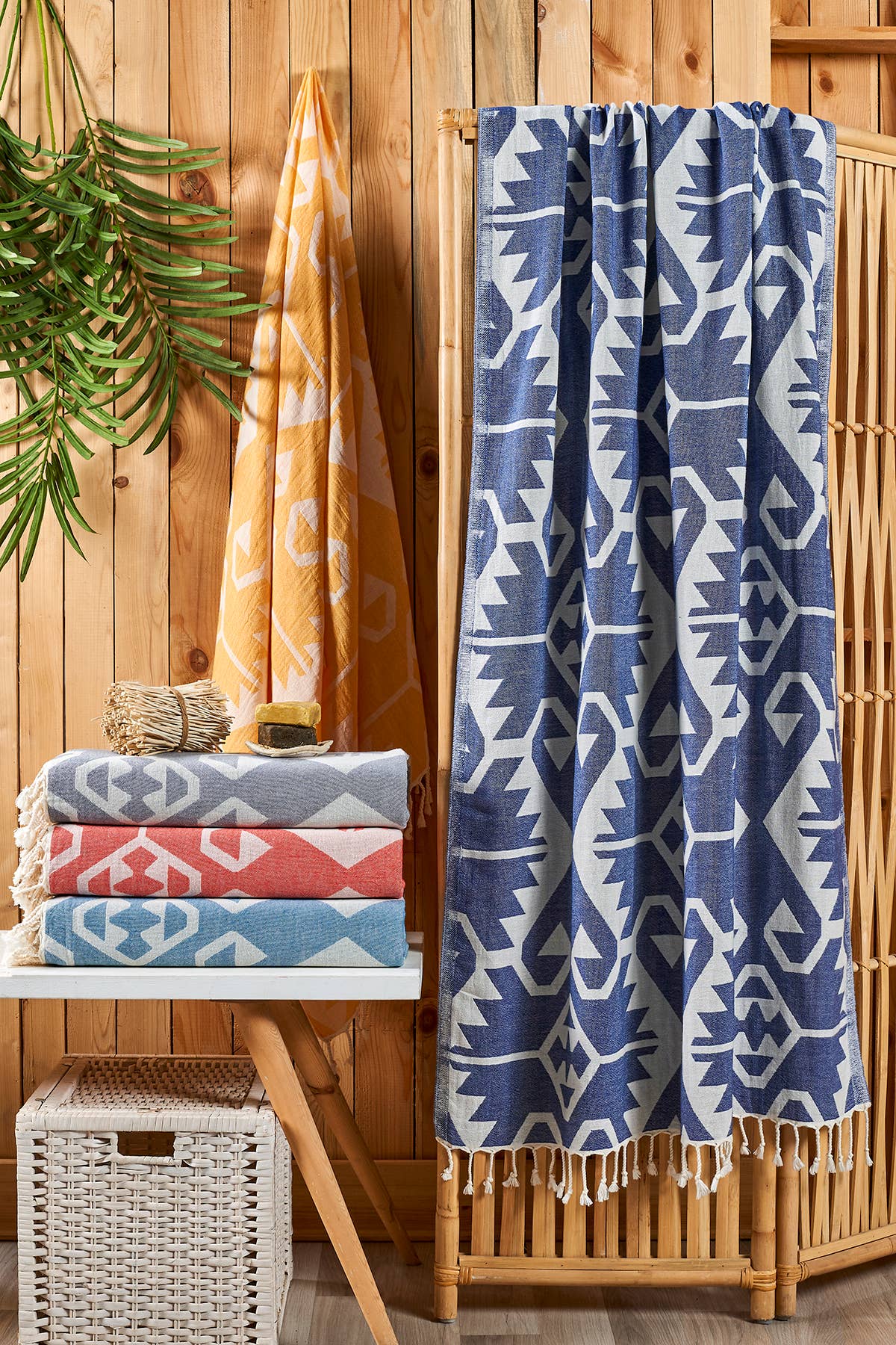 Kilim Turkish beach towel with all-over ikat motif, 33x66 in, deep tones | Kikoya