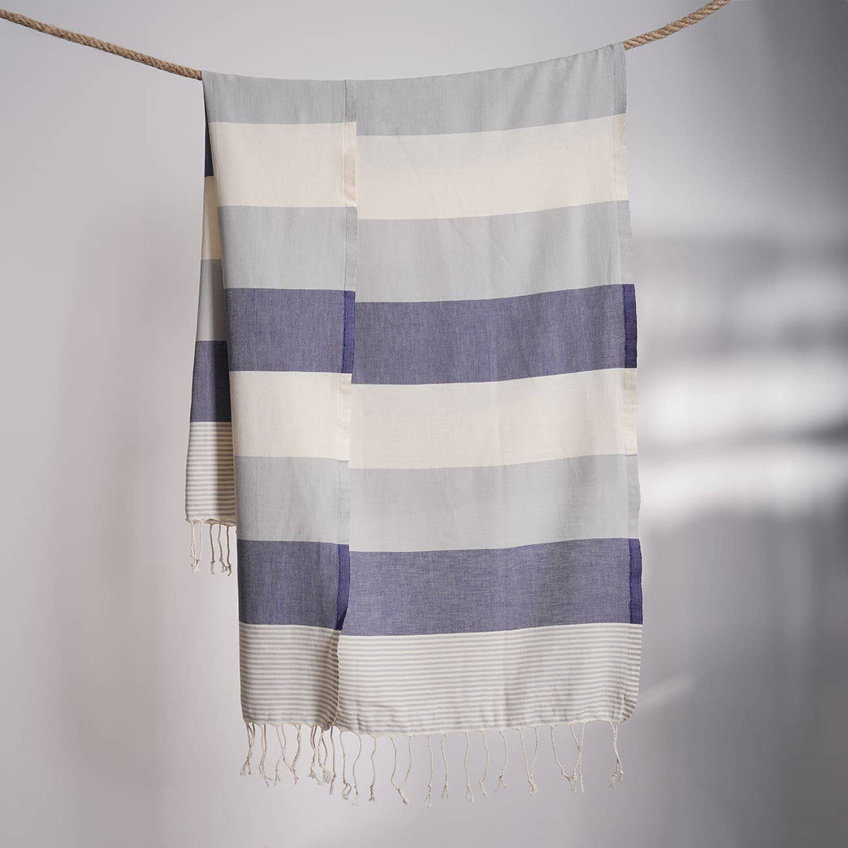 Hawaiian Turkish beach towel in grey and navy block stripes on cream, 35x70 in | Kikoya