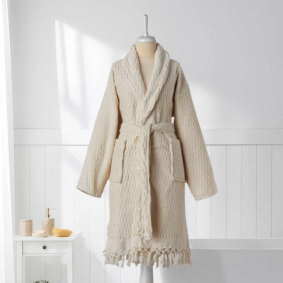 Pompom Turkish bathrobe – Lokum Natural, Shawl Collar, front view | Kikoya
