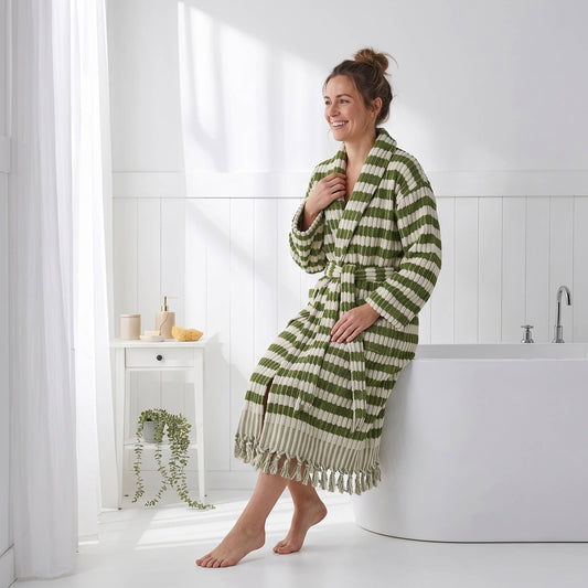 Pompom Turkish bathrobe – Lokum Khaki, Shawl Collar, styled view | Kikoya