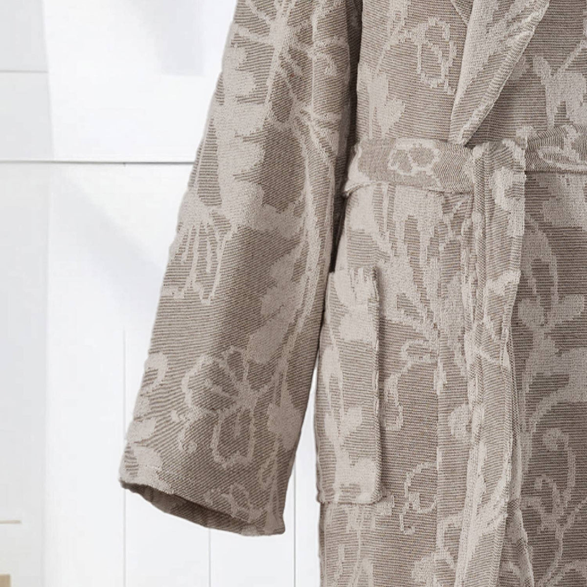 Garden raised terry Turkish bathrobe, shawl collar, taupe botanical jacquard | Kikoya
