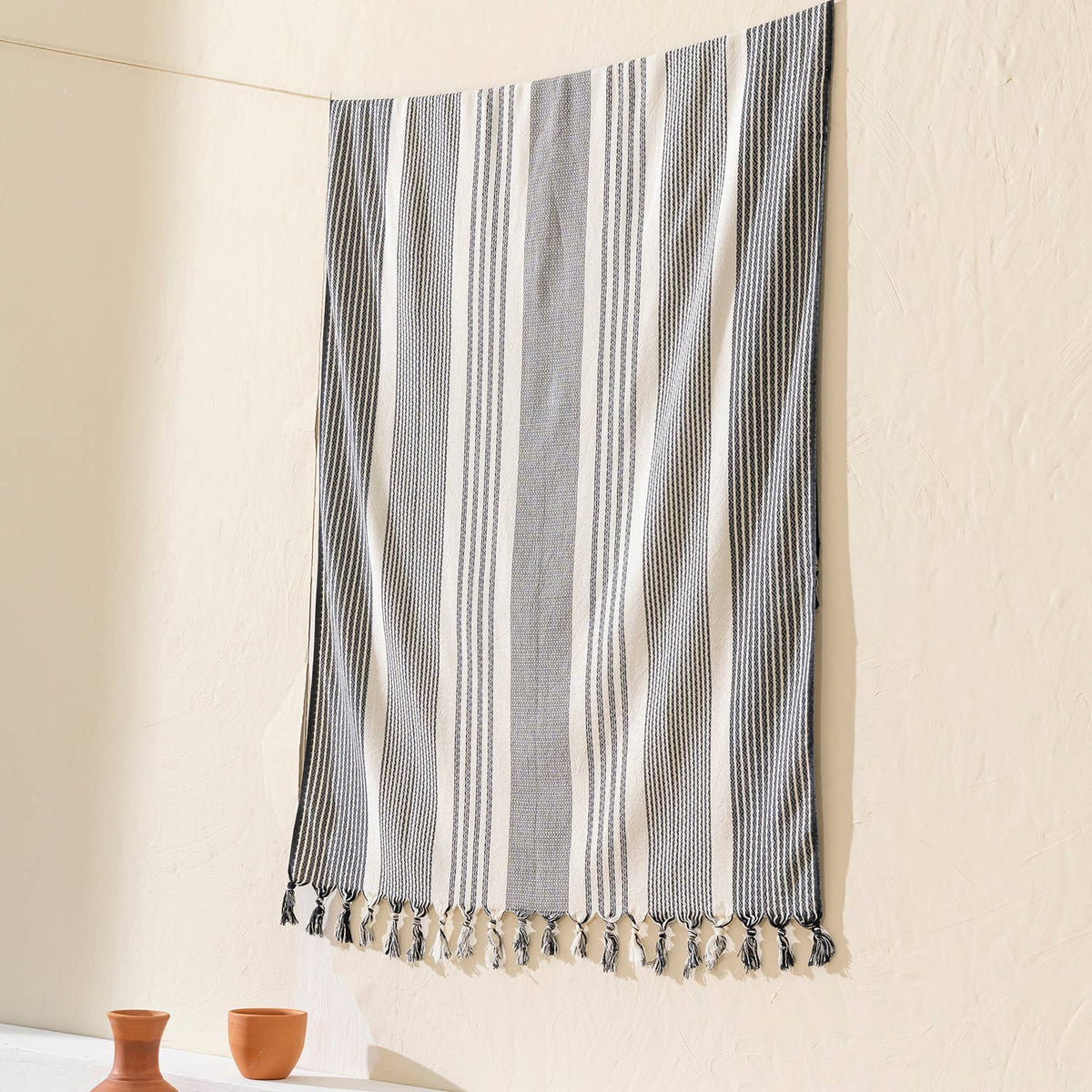 Tan Turkish beach towel in grey and taupe stripes, 33x66 in | Kikoya