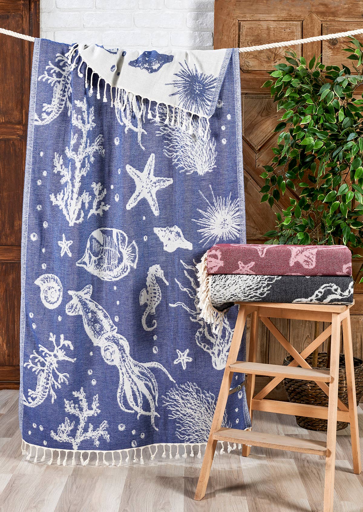 Ocean Turkish beach towel with a woven sea-life jacquard, 33x66 in | Kikoya