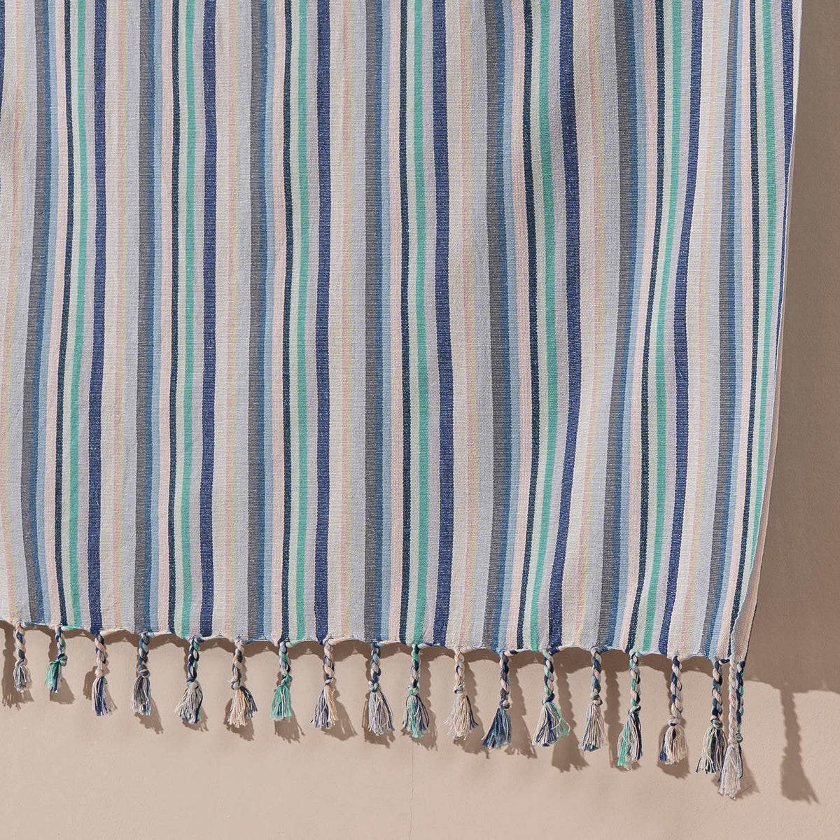 Seafoam & Blue Stripe Turkish towel, woven texture close-up | Kikoya