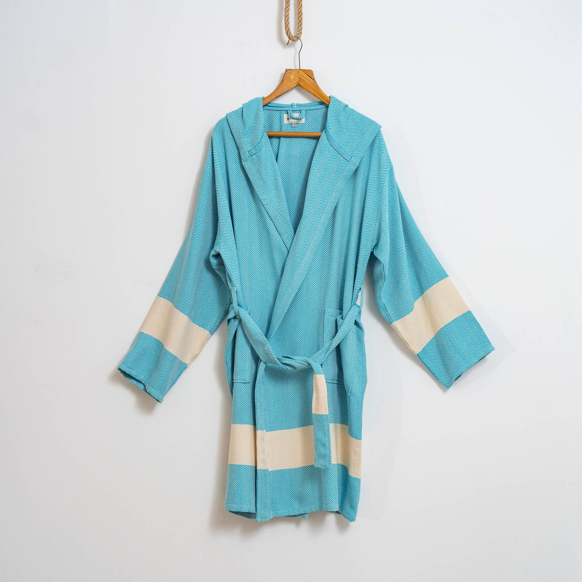 Herringbone Turkish cotton bathrobe – color-block hooded robe | Kikoya