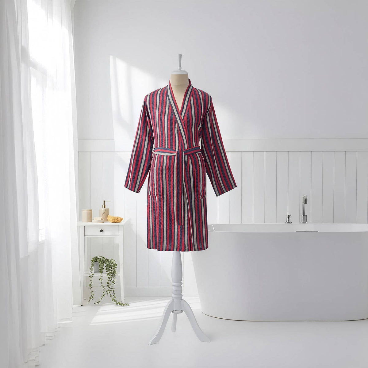 Fine stripe Turkish cotton bathrobe in burgundy – kimono | Kikoya