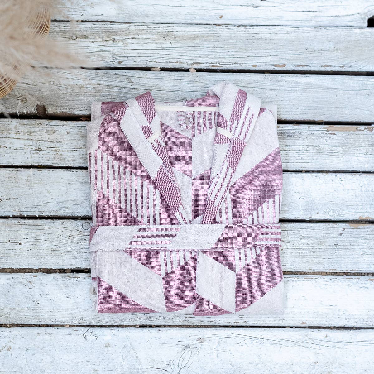 Herringbone raised terry Turkish bathrobe, hooded | Kikoya