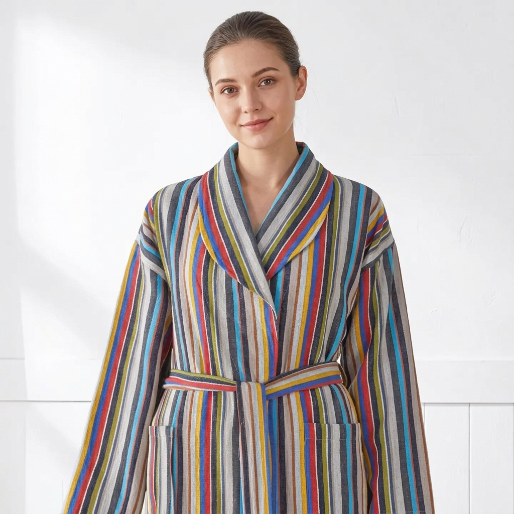 Multi stripe Turkish cotton bathrobe – shawl collar, belted | Kikoya