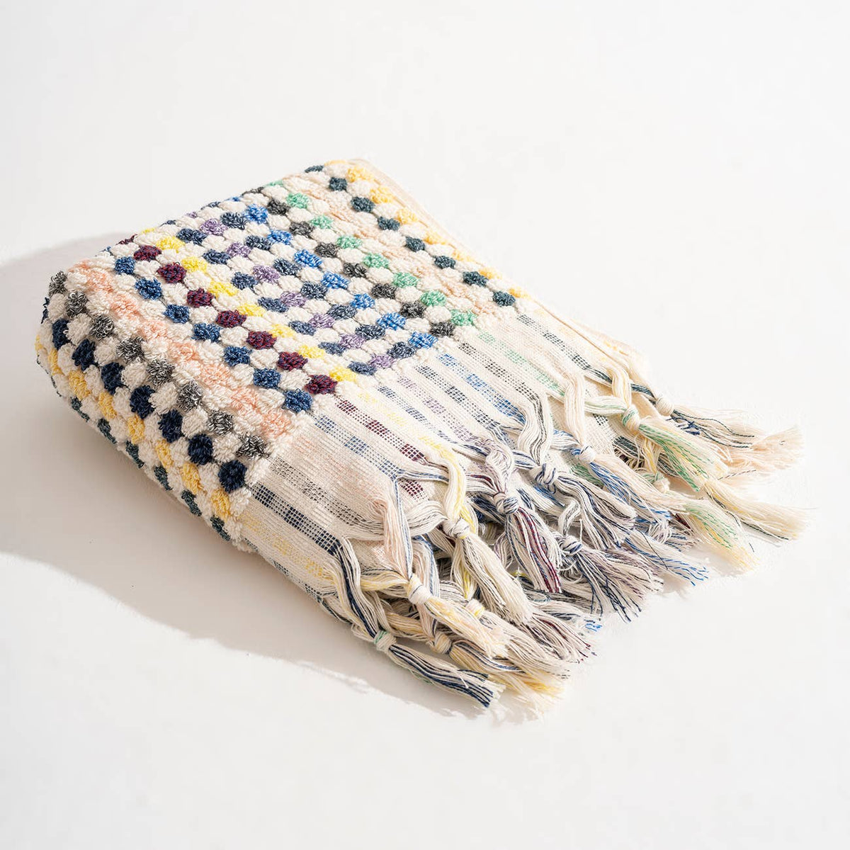 Pompom handloomed Turkish hand towel, 17x38 in, raised bubble weave with pompom fringe | Kikoya