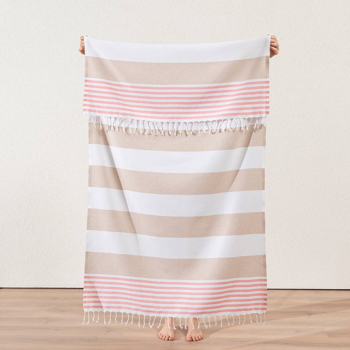Mediterranean Turkish beach towel – Beige & Coral block stripe | Kikoya