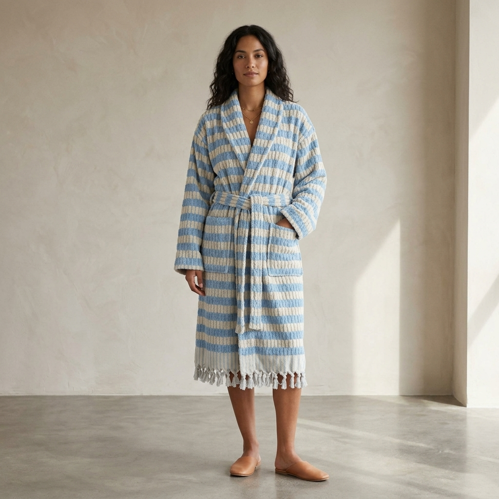 Pompom Turkish bathrobe – Lokum Baby Blue, Shawl Collar, front view | Kikoya