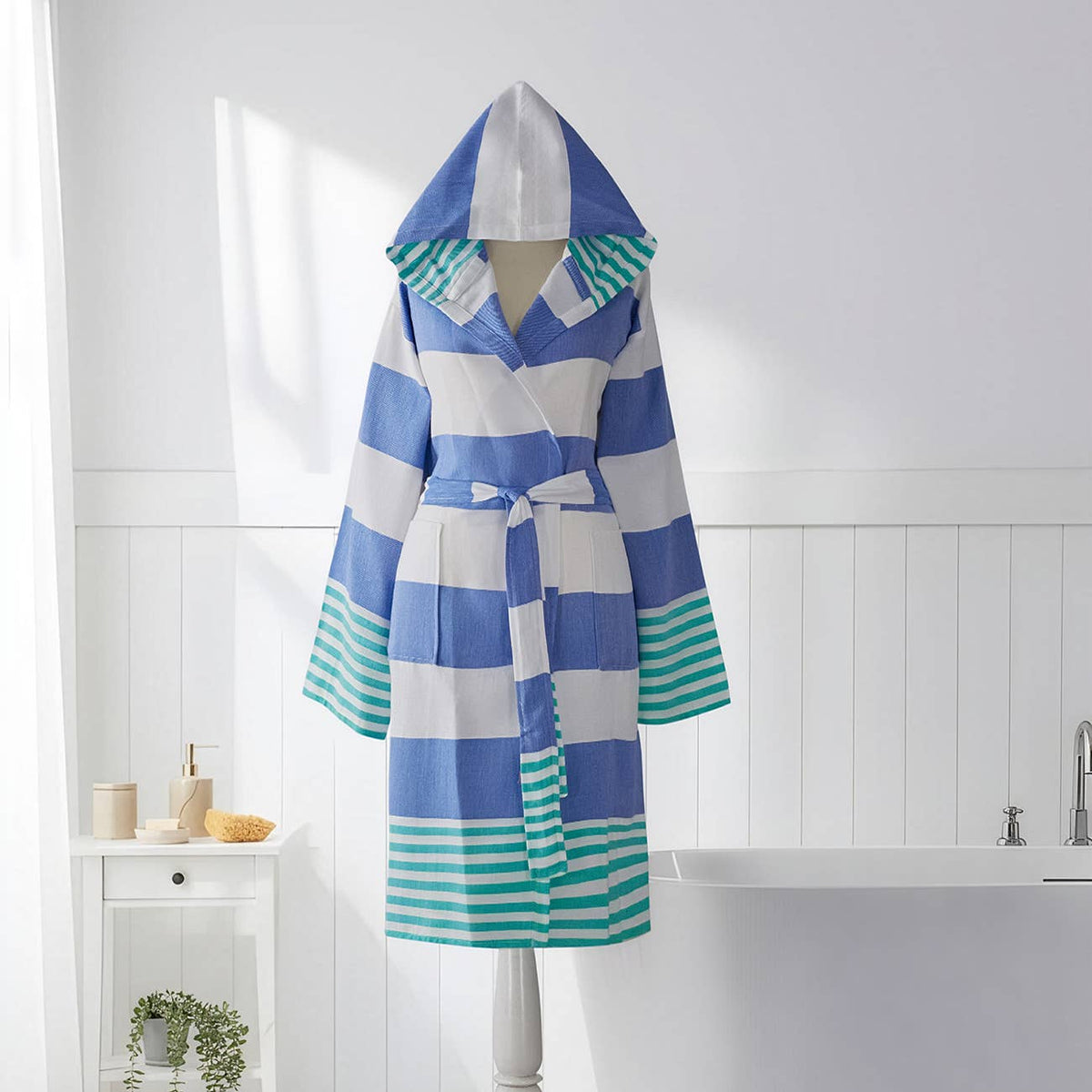 Mediterranean Turkish bathrobe – blue and green block stripe, hooded | Kikoya