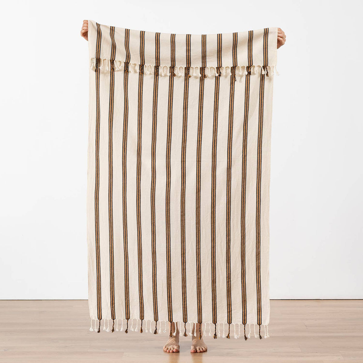 Premium Rustic Turkish beach towel – Taupe Stripe, full length view | Kikoya