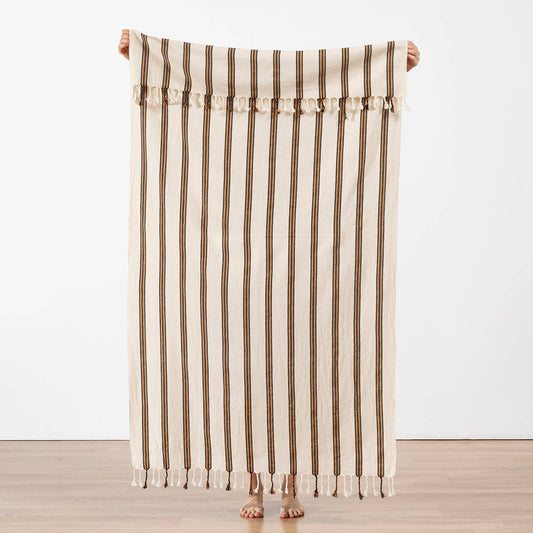 Premium Rustic Turkish beach towel – Taupe Stripe, full length view | Kikoya