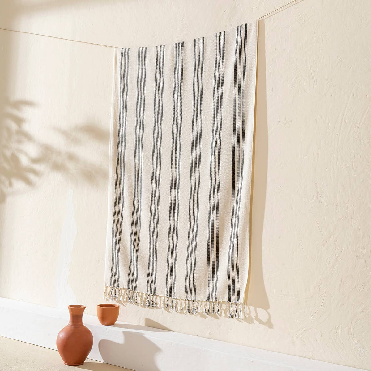 Sumela honeycomb Turkish beach towel in grey and olive stripe | Kikoya