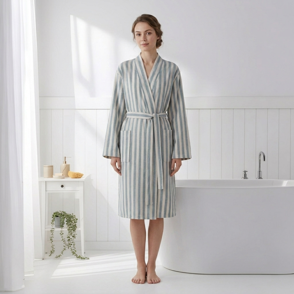 Pinstripe Turkish cotton bathrobe in grey & green – kimono | Kikoya