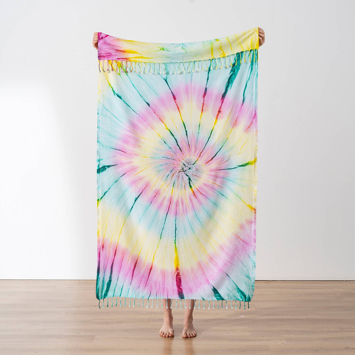 Tie-dye Turkish beach towel in pink, yellow and mint spiral, 33x65 in | Kikoya