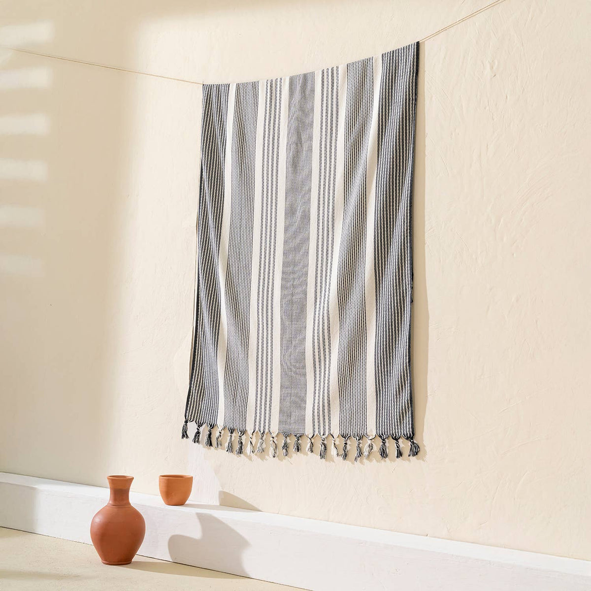 Tan Turkish beach towel in grey and taupe stripes, 33x66 in | Kikoya