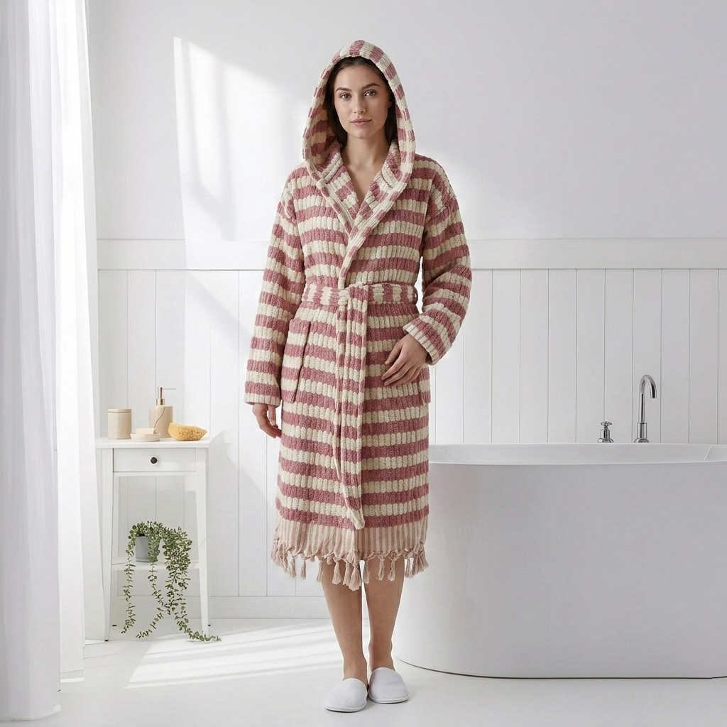 Pompom Turkish bathrobe – Lokum Rose, Hooded, styled view | Kikoya