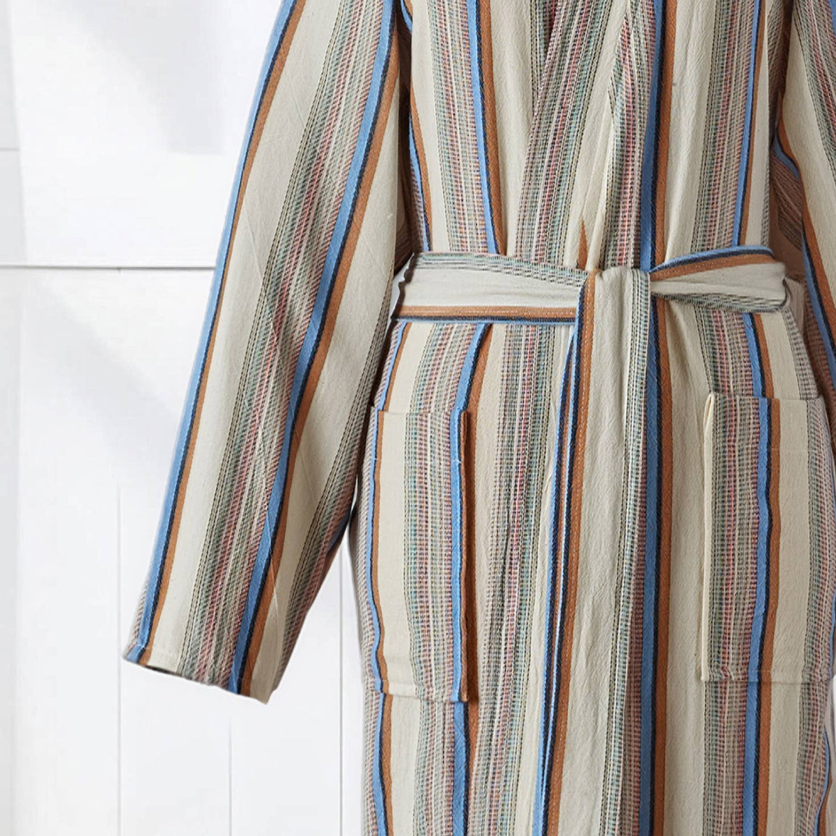 Multi stripe Turkish bathrobe in sand & blue – kimono | Kikoya