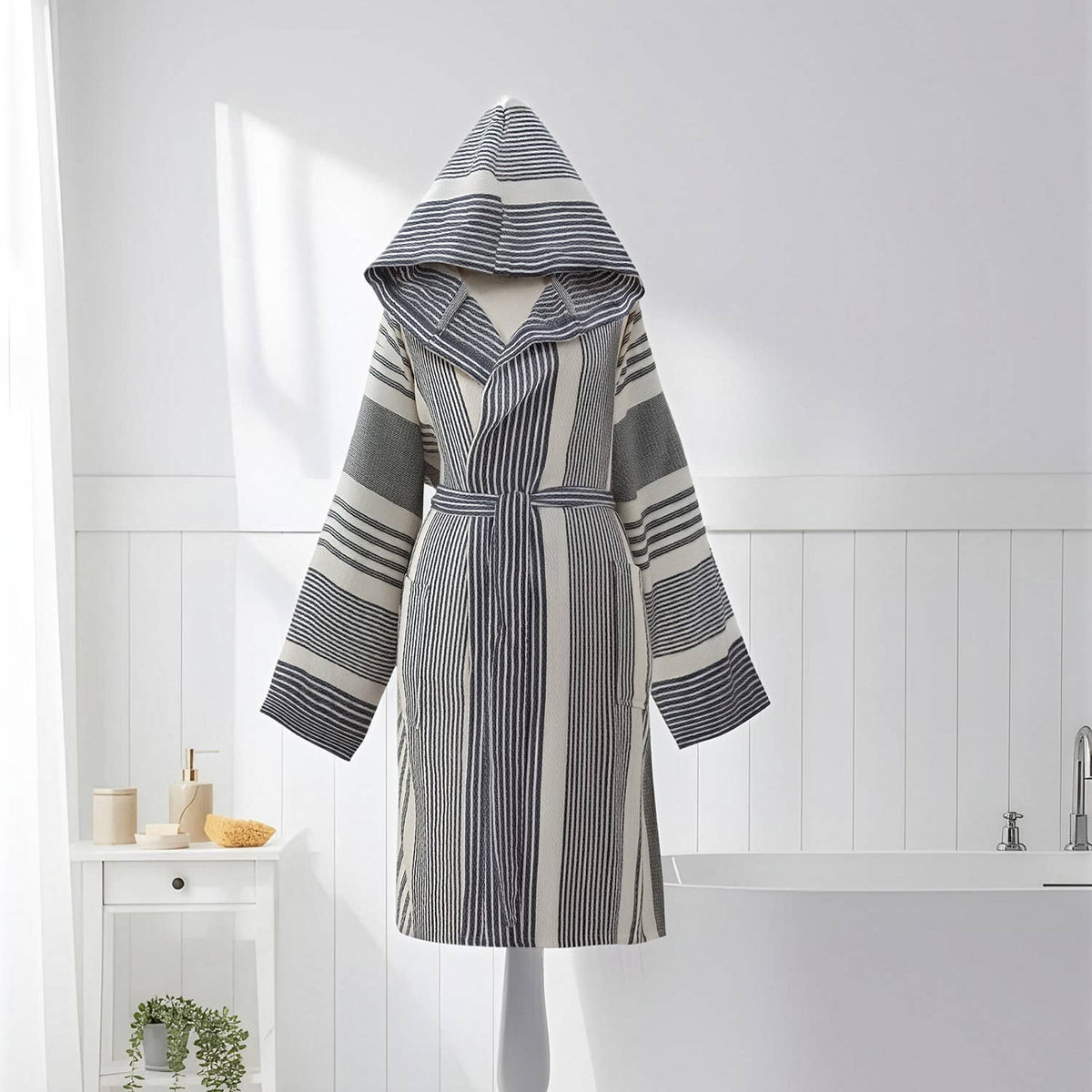 Ribbed Turkish cotton bathrobe – hooded, contrast bands | Kikoya