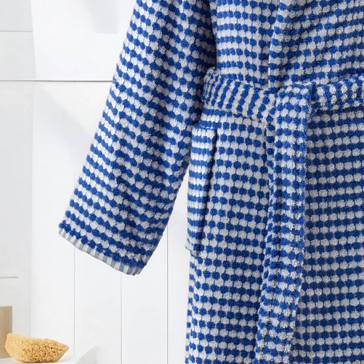 Pompom Turkish bathrobe – Blue, Hooded, belt and pocket detail | Kikoya