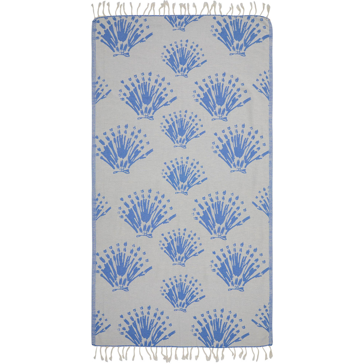 Seashell jacquard Turkish beach towel, 35x70 in, flat-woven with knotted fringe | Kikoya