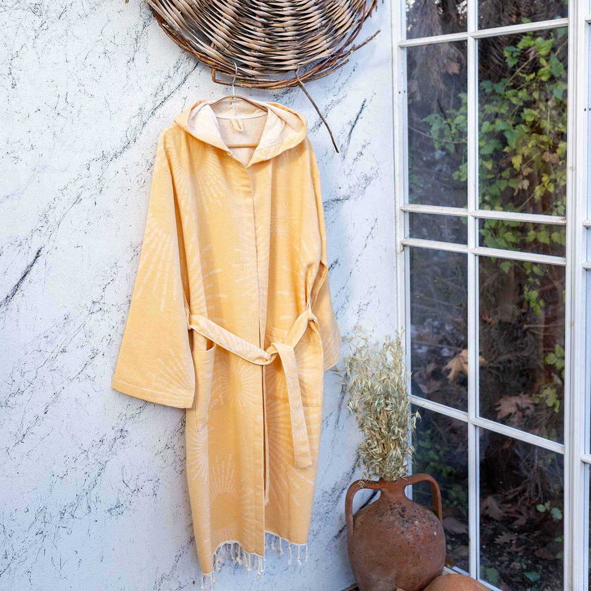 Sunburst terry-backed Turkish bathrobe, hooded, mustard | Kikoya
