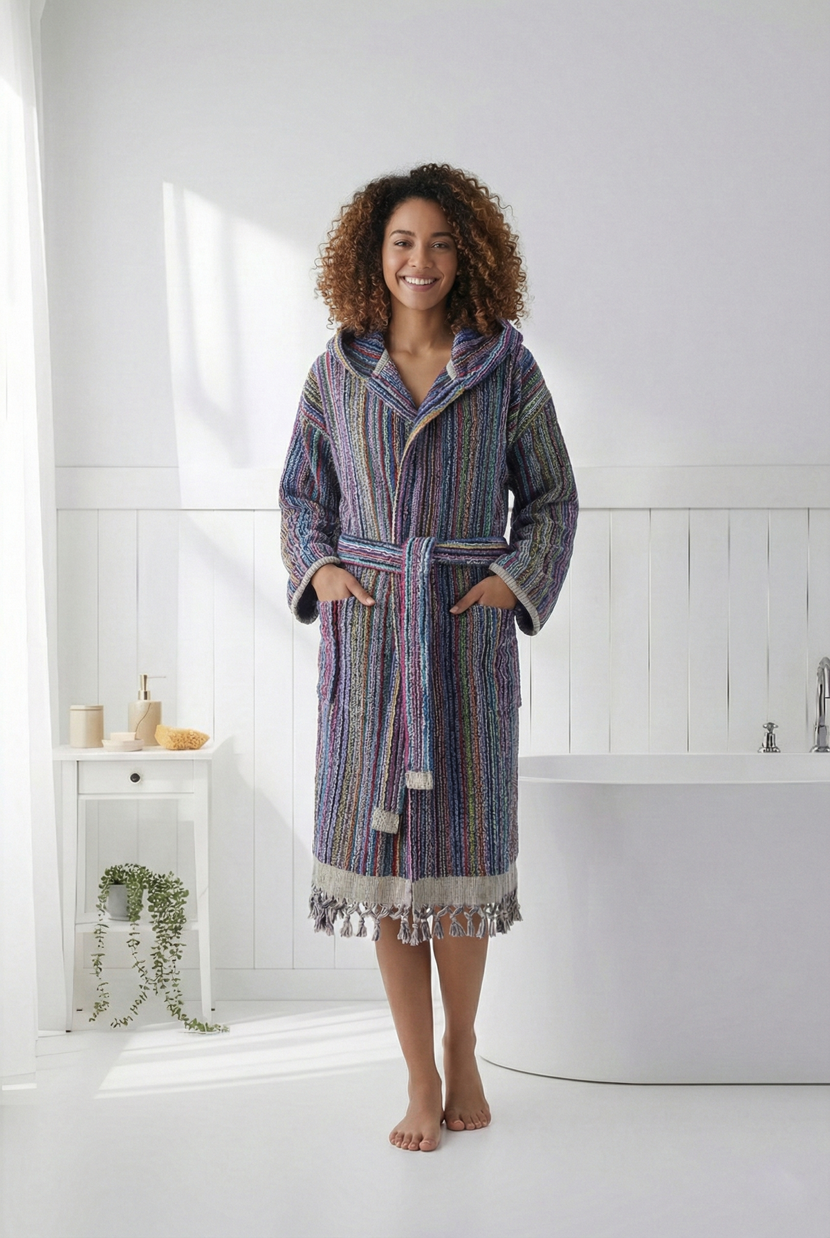Pompom Turkish bathrobe – Purple Multi Stripe, Hooded, full-length view | Kikoya