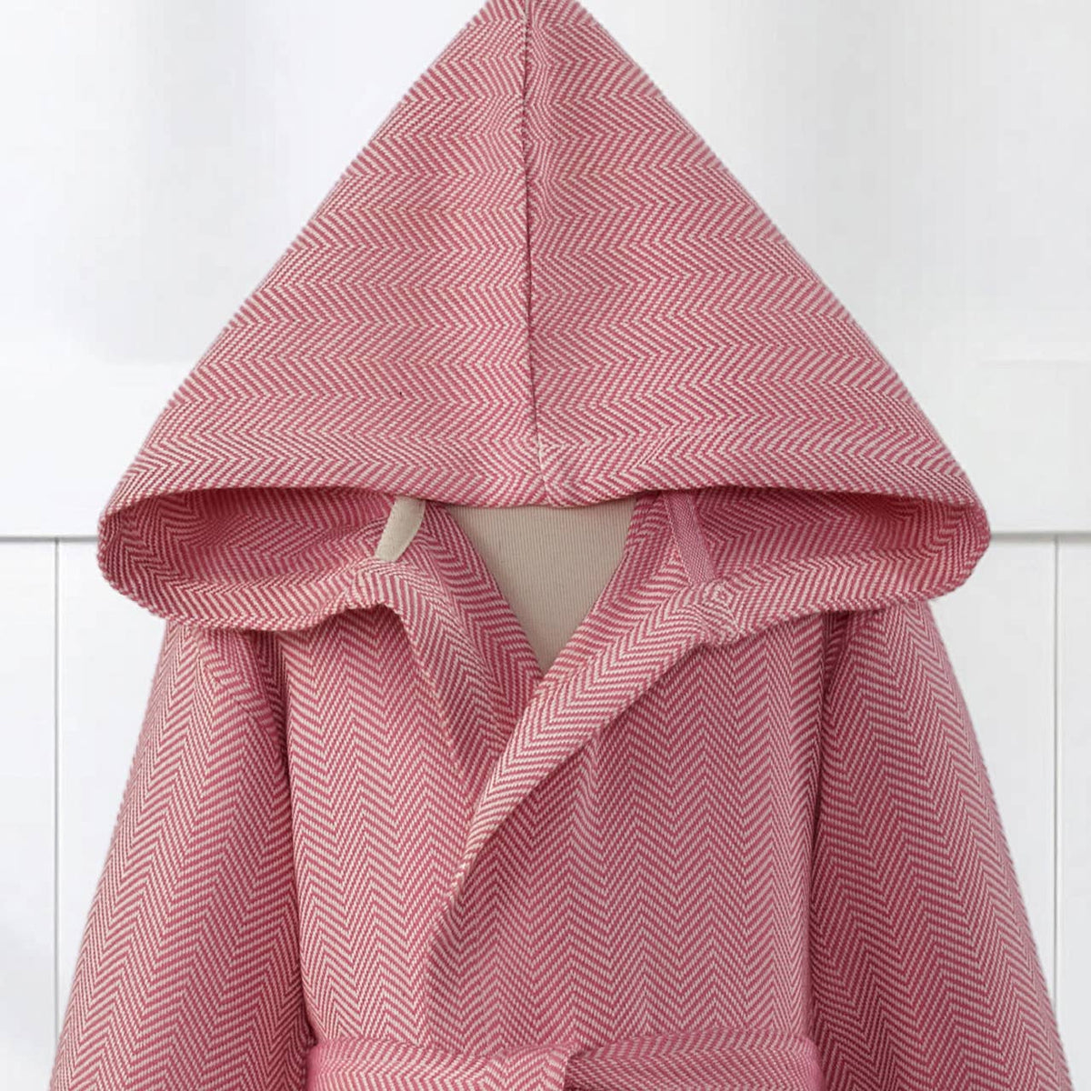 Herringbone kids Turkish cotton bathrobe – hooded, fringed hem | Kikoya