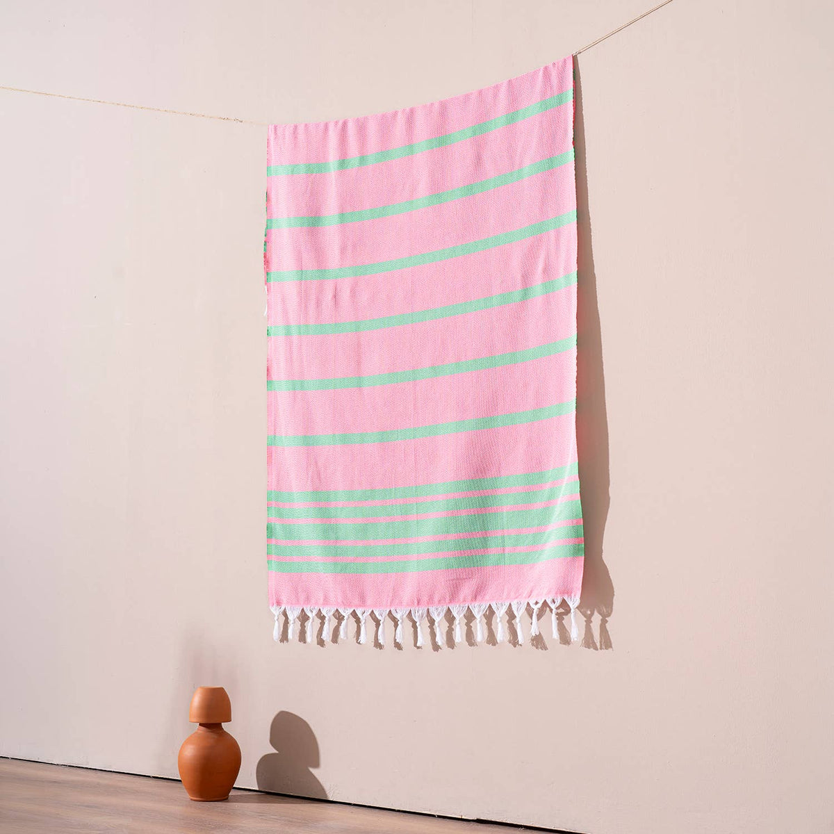 Luxe Herringbone Turkish towel – Pink/Green, pink with green stripes, hanging | Kikoya