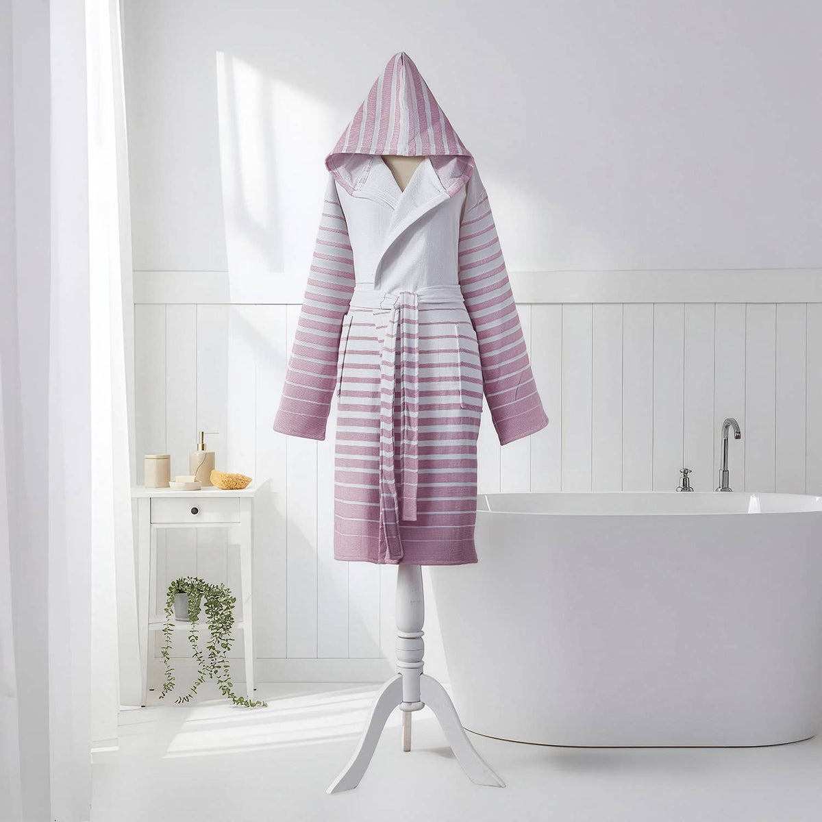 Paradiso terry-backed Turkish bathrobe in a two-tone stripe, hooded | Kikoya
