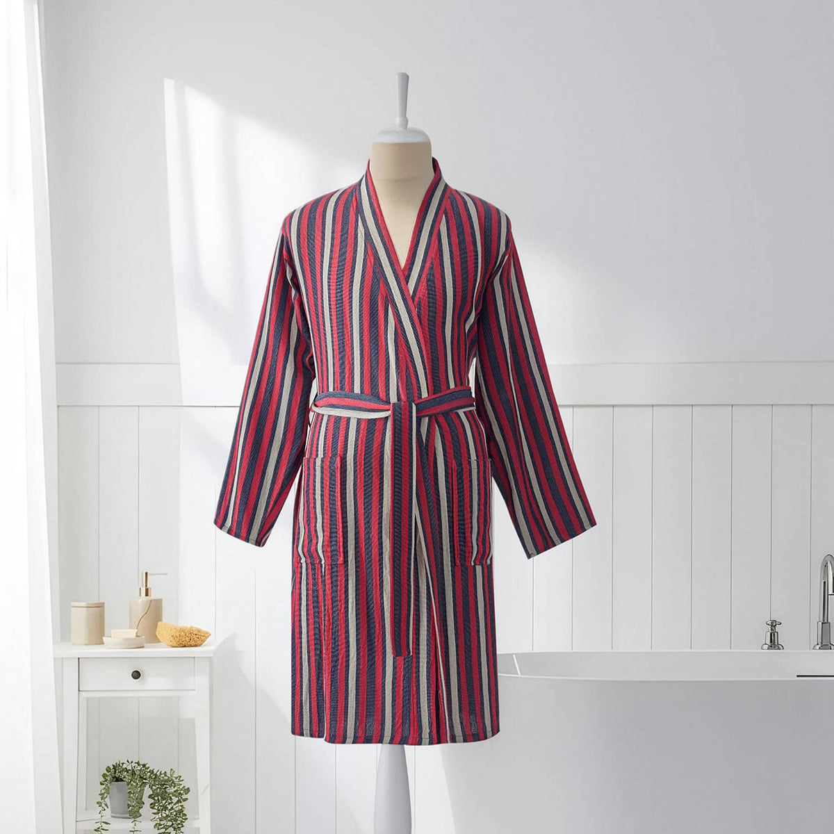 Fine stripe Turkish cotton bathrobe in burgundy – kimono | Kikoya
