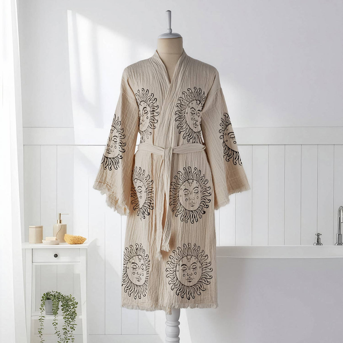Block-print Turkish cotton kimono robe – Sun Face Black | Kikoya
