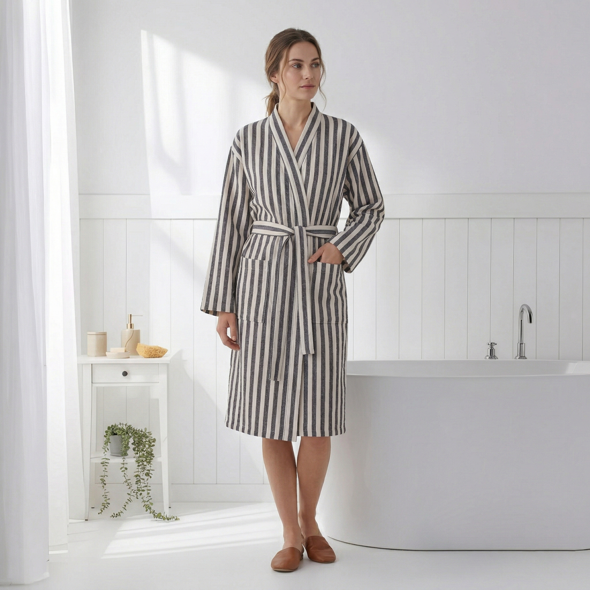 Pinstripe Turkish kimono bathrobe – Brown & White | Kikoya