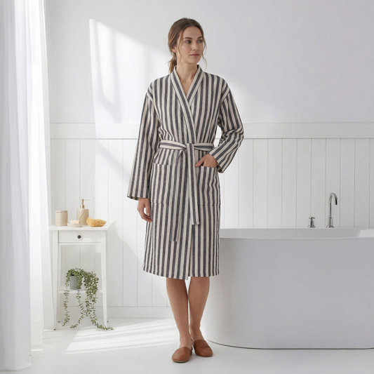 Pinstripe Turkish kimono bathrobe – Brown & White | Kikoya
